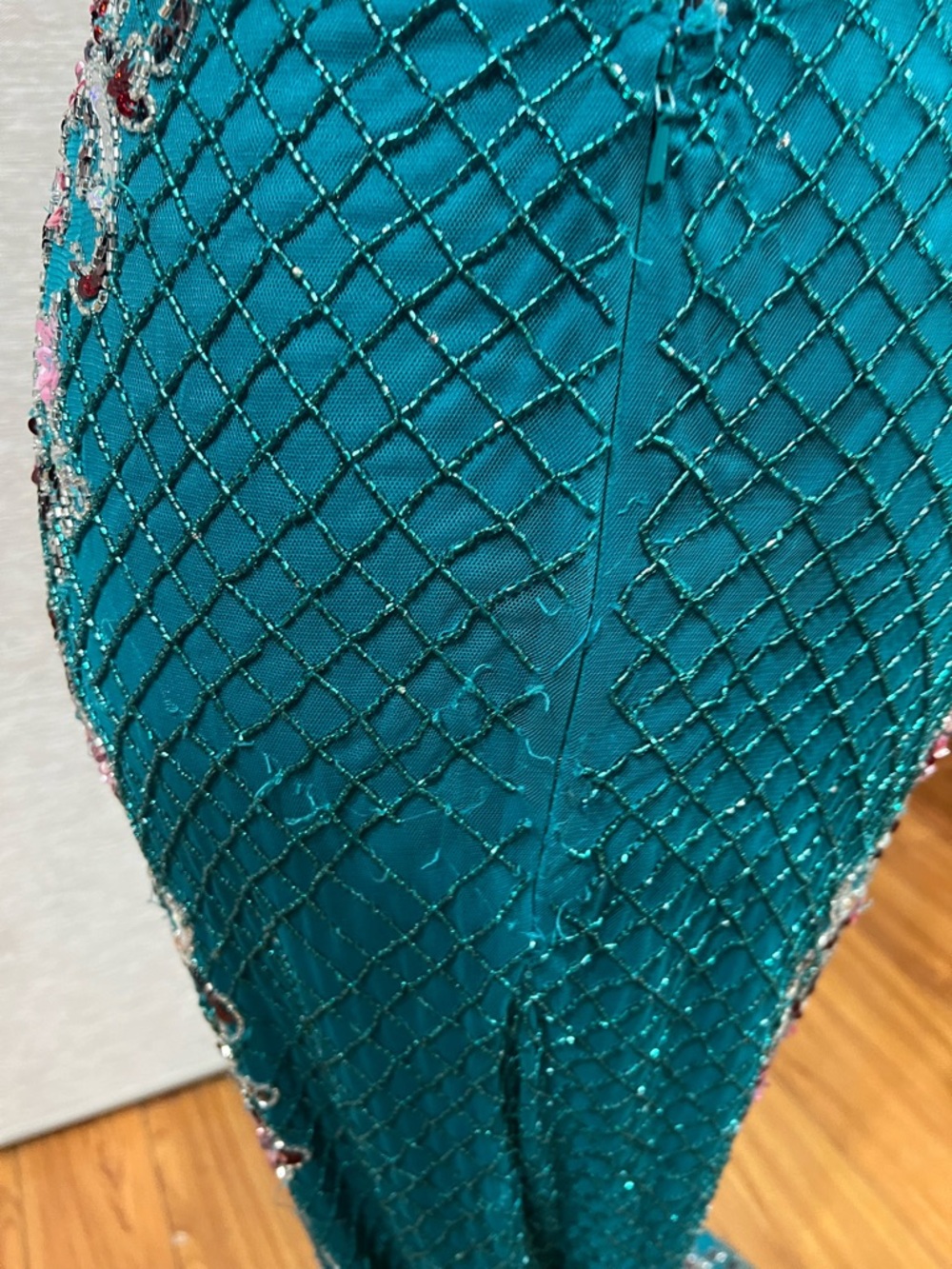 Prom Dress Teal Beaded V-Neck Evening Gown- Primavera Couture Style #3405 - Picture 5 of 7